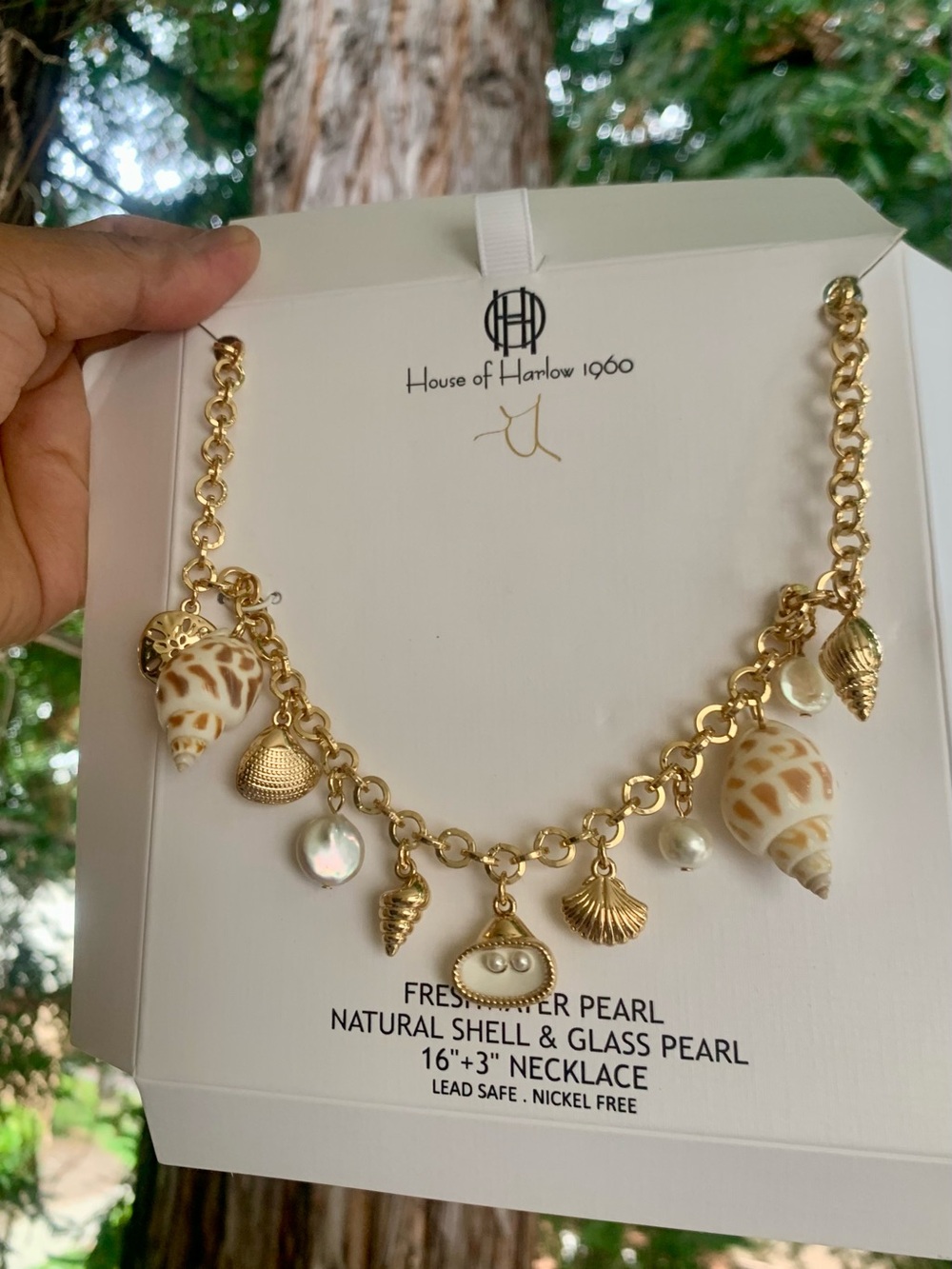 House of Harlow 1960 Gold Shell & Pearl Charm Statement Necklace